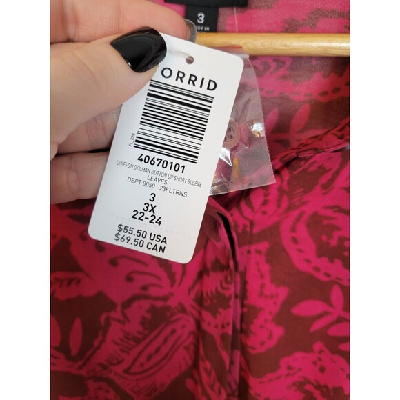 NWT Torrid Chiffon Dolman Button Up Short Sleeve Top Size 3X Leaves - Picture 7 of 11